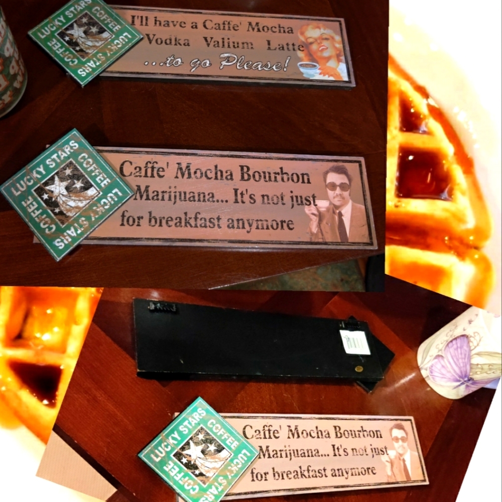 🗺️ Lucky Stars Coffee Co. 2 Wooden Humourous Signs, Retro Distressed Look, EUC